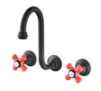 Widespread Black Wall Mount Bathroom Faucet with 2 Handles 3 Holes 360° Swivel Spout Brass Rough-in Valve Modern Sink Mixer Tap for Stylish Bathrooms