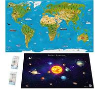 WIDETA Illustrated world map, for children and adults (82 x 44 cm)/ laminated Solid paper (thickness 300g/m2), Including Poster of solar system and stickers