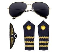 WIDMANN 00085 Pilot Set, 3 Pieces, Sunglasses, Epaulettes, Badge, Disguise Set, Accessory, Carnival, Theme Party (Blue/Gold)