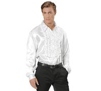 Widmann 01168-70s Disco Style Shirt, Adult Man, Made of Satin, With Ruffles, Carnival, Disco, Size M/L, White Color