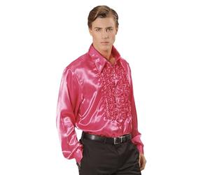 Widmann 01184-70s Disco Style Shirt, Adult Man, Made of Satin, With Ruffles, Carnival, Disco, Size XL, Pink Color