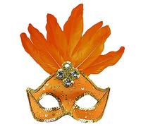 WIDMANN 03865 - Brazil Mask for Adults, Women, with Sequins, Gems and Feathers, Brazilian Carnival, Party, Neon, Show, Fluorescent Orange Color