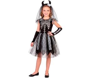Widmann 07487 Skeleton Bride Kids Costume 140 | 3-piece, dress with accessories in skeleton bride look for Halloween, carnival and theme party