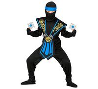 Widmann 10204132 38658 Children's Ninja Costume with Weapon Set, Black-Blue, Fighter, Warrior, Japan, Theme Party, Carnival, 158 cm, 158