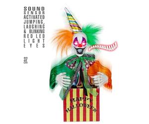 Widmann 10997 Jumping and Laughing Clown in Box, with Luminous Red LED Eyes and Circus Music, Activated by Sound Sensor, 37 cm, Decoration, Halloween, Theme Party
