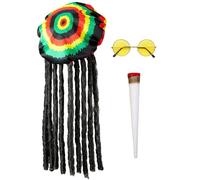 Widmann 68542 Rasta-Man Costume Set, 3 Pieces, Hat with Dreadlocks, Glasses and Joint, Jamaica, Accessories, Carnival, Fancy Dress, Theme Party, Multicoloured, Standard Size