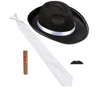 Widmann 68553 Costume Set The Wild 20s, 4 Pieces, Hat, Tie, Moustache and Cigar, Charleston, Gangster, Mafia Boss, Accessories, Carnival, Fancy Dress, Theme Party, Multicoloured, Standard Size