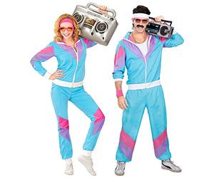 WIDMANN 80s/90s Tracksuit Costume/Outfit, Blue, Pink and Purple, Jacket and Trousers, Disco, Jogging Suit, Retro Style, Bad Taste Party, Carnival, Halloween