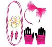 Widmann - 80s fashion fancy dress set, neon, headband, pearl necklaces, earrings, fingerless mesh gloves, 10 bracelets, disco, 80s, carnival, theme party