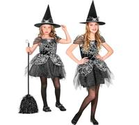 Widmann 97348 Hexe Children's Witch, 2 Pieces, Hat, Black/Silver, Spider Web, Fairy Tale, Costume, Fancy Dress, Theme Party, Carnival, Halloween, Multicoloured, 158
