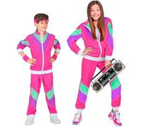 WIDMANN Children's Costume 80s Tracksuit, Jacket and Trousers, Jogging Suit, Retro Style, Bad Taste Party, Carnival, Unisex kids, multicoloured (UK, Numeric, 128, Regular, Pink)