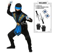 Widmann 10204130 Children's Ninja costume with weapon set 38656-Children's, Black-Blue, Fighter, Warrior, Japan, Theme Party, Carnival, 128 cm, 128