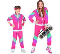 WIDMANN Children's Costume 80s Tracksuit, Jacket and Trousers, Jogging Suit, Retro Style, Bad Taste Party, Carnival, Unisex kids, multicoloured (UK, Numeric, 140, Regular, Pink)