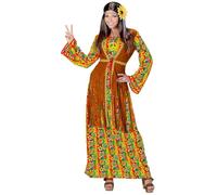 Widmann - Hippie woman costume, dress with vest, chain with peace sign, flower power, carnival, theme party
