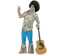 Widmann Men’s 70s Hippie Fancy Dress Costume - Blue Velvet Flower Power Outfit with Shirt, Flared Trousers & Headband - Retro 60s 70s Hippy Costume for Carnival, Festivals & Parties
