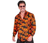 Widmann - Pumpkin Shirt Men Black with Pumpkin Faces Glow Under UV Light Halloween Fancy Dress