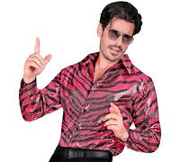 Widmann W Milano Party Fashion - Party Fashion Sequin Shirt for Men, Disco Fever, Schlagermove, Animal Print, Men's Shirt, Zebra Pink, L/XL