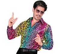 Widmann W MILANO Party Fashion - Party Fashion Sequin Shirt for Men, Disco Fever, Schlagermove, Animal Print, Men's Shirt, Leopard Rainbow Colours, XXL
