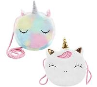 Wieat 2 Pcs Furry Unicorn Shoulder Bag Girls, Cute Round Rainbow/White Handbags Wallet Bag Crossbody Purse for Keys Cards Fluffy Unicorn Bag Adorable Princess Gift for Toddler Kids Teens Girls