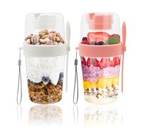 Wieat 2 pcs Yoghurt Pots, Breakfast Pots, Granola and Yoghurt pot, Overnight Oats Jar with Lid and Spoon, Portable Cereal and Milk Container for School, Office, Pink & White