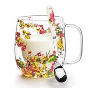 Wieat Coffee Mug, 300ml Dried Flower Double Walled Glass Mug, Coffee Cups with Spoon, Tea Cup for Hot and Cold Drinks, Birthday Gifts for Women