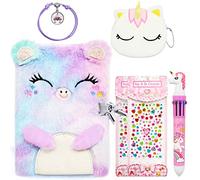 Wieat Girls Diary, Secret Diary for Girls, Cat Lockable Diary with Lock, Cute Fluffy Notebooks, Diary Gift Set of Cat Coin Purs Unicorn Pen, Bracalets, Crystal Sticker, Gifts for Girls, Kids
