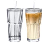 Wieat Glass Tumblers, 2Pcs Ribbed Tumblers with Lids and Glass Straws, Drinking Jars, Leakproof Cups for Iced Coffee, Cocktail, Tea, Smoothie (550ML)