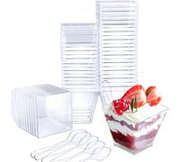 Wieat Mini Dessert Cups, 50 Pcs 2oz/60ml Plastic Dessert Cups, Trapezoid Clear Small Dessert Pots, Reusable Serving Bowl for Dessert Pudding Cheesecake Mousse Ice Cream Candy Party