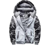 WIEAYUMEI Men Fleece Hoodies with Camo Sleeves Full Zip up Jackets Hooded Pullover Winter Warm Fur Coats Thicken Sweatshirts Jumper Light Grey XL