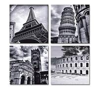 Wieco Art - Architectures Modern 4 Panels Giclee Canvas Prints Europe Buildings Black and White Landscape Pictures Paintings on Canvas Wall Art Ready to Hang for Bedroom Home Office Decorations