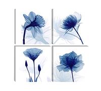 Wieco Art Blue Flickering Flower Modern Abstract Paintings Canvas Wall Art Gallery Wrapped Grace Floral Pictures on Canvas Prints 4 Panels Artwork for Bedroom Office Home Decorations