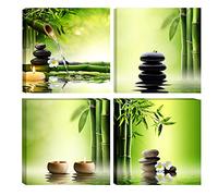 Wieco Art - Modern Large 4 Panels Stretched and Framed Contemporary Zen Giclee Canvas Prints Perfect Bamboo Green Pictures Paintings on Canvas Wall Art for Home Office Decorations Living Room Bedroom