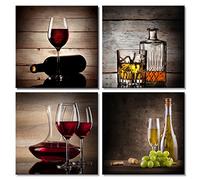 Wieco Art - Red Wine Cups HD Modern 4 Pieces Stretched and Framed Abstract Giclee Canvas Prints Artwork Contemporary Vintage Pictures Paintings on Canvas Wall Art for Kitchen Home Decorations