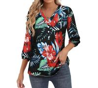 WIEIYM 3/4 Sleeve Womens Floral Print T Shirt Summer Hawaiian Shirts V Neck Flower Blouses Tunic Casual Buttons Down Shirt Tops Black Red