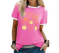 WIEIYM Halloween T Shirt Women T Shirt Funky Graphic Tee Shirt Crew Neck Ladies T Shirts Smile Face Casual Summer Short Sleeve Tops Hot Pink