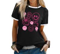 WIEIYM Halloween T Shirt Women T Shirt Funky Graphic Tee Shirt Crew Neck Ladies T Shirts Smile Face Casual Summer Short Sleeve Tops Black