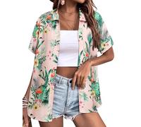 WIEIYM Hawaiian Shirts Floral Print Button Down Shirt Womens Blouses Flower Graphic T Shirt Summer Casual Short Sleeve Tops Unisex Holiday Beach Tropic Tee Light Pink
