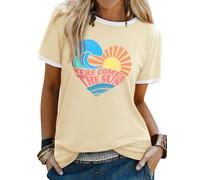 WIEIYM Ladies T Shirts Love Heart T Shirt Sun Wave Sea Graphic Print Slogan Tee Women Summer Holiday Beach Hawaiian T-Shirt Unisex Crew Neck Short Sleeve Tops Beige