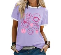 WIEIYM T Shirt Women T Shirt Funky Graphic Tee Shirt Crew Neck Ladies T Shirts Smile Face Casual Summer Short Sleeve Tops Purple