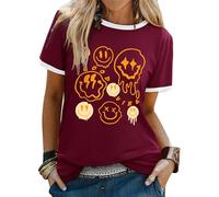 WIEIYM T Shirt Women T Shirt Funky Graphic Tee Shirt Crew Neck Ladies T Shirts Smile Face Casual Summer Short Sleeve Tops Burgundy