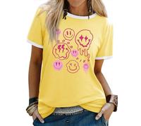 WIEIYM T Shirt Women T Shirt Funky Graphic Tee Shirt Crew Neck Ladies T Shirts Smile Face Casual Summer Short Sleeve Tops Yellow