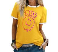 WIEIYM T Shirt Women's Short Sleeve Tops Casual Summer Tee Crew Neck Smile Tshirt Printed with Funny Face Graphic