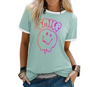 WIEIYM T Shirt Women's Short Sleeve Tops Casual Summer Tee Crew Neck Smile Tshirt Printed with Funny Face Graphic