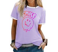 WIEIYM T Shirt Women's Short Sleeve Tops Casual Summer Tee Crew Neck Smile Tshirt Printed with Funny Face Graphic