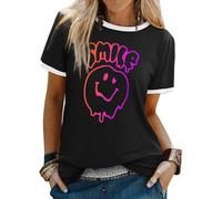 WIEIYM T Shirt Women's Short Sleeve Tops Casual Summer Tee Crew Neck Smile Tshirt Printed with Funny Face Graphic