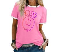 WIEIYM T Shirt Women's Short Sleeve Tops Casual Summer Tee Crew Neck Smile Tshirt Printed with Funny Face Graphic