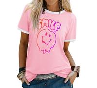 WIEIYM T Shirt Women's Short Sleeve Tops Casual Summer Tee Crew Neck Smile Tshirt Printed with Funny Face Graphic