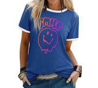 WIEIYM T Shirt Women's Short Sleeve Tops Casual Summer Tee Crew Neck Smile Tshirt Printed with Funny Face Graphic