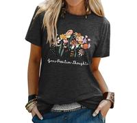 WIEIYM Women Flower T-Shirt Ladies Floral Graphic Tshirt Grow Positive Thoughts Slogan T Shirt Crew Neck Short Sleeve Casual Summer Tee Shirts Boho Tops Grey