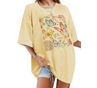 WIEIYM Women Oversized T Shirts Ladies Baggy T Shirt Butterfly Flower Graphic Tee Boho Nature Style Summer Short Sleeve Tops Loose Tunic Blouse Light Yellow